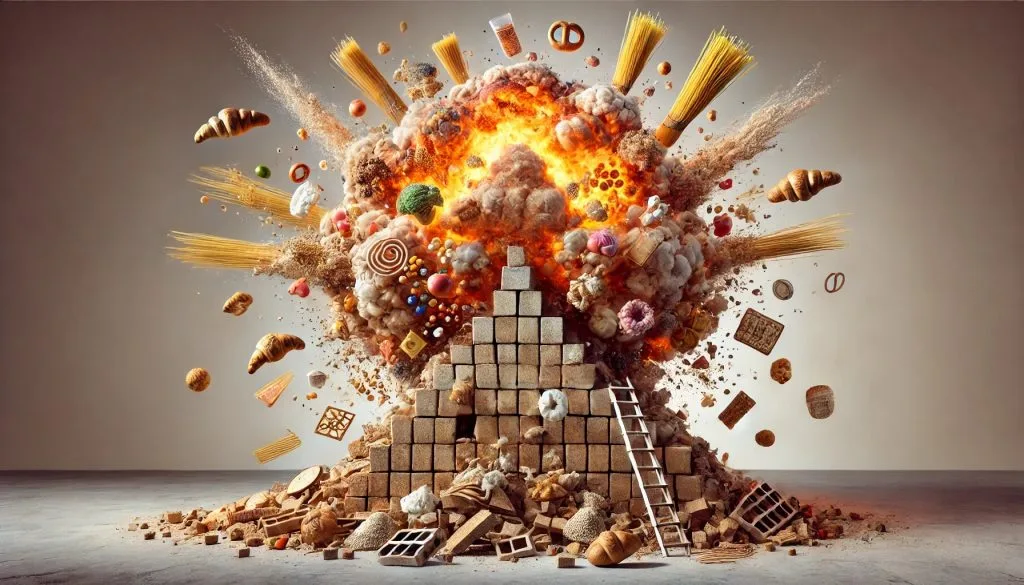 Effondrement spectaculaire d’une pyramide alimentaire dominée par le sucre et les céréales, symbole du changement des recommandations nutritionnelles sur les graisses saturées.
