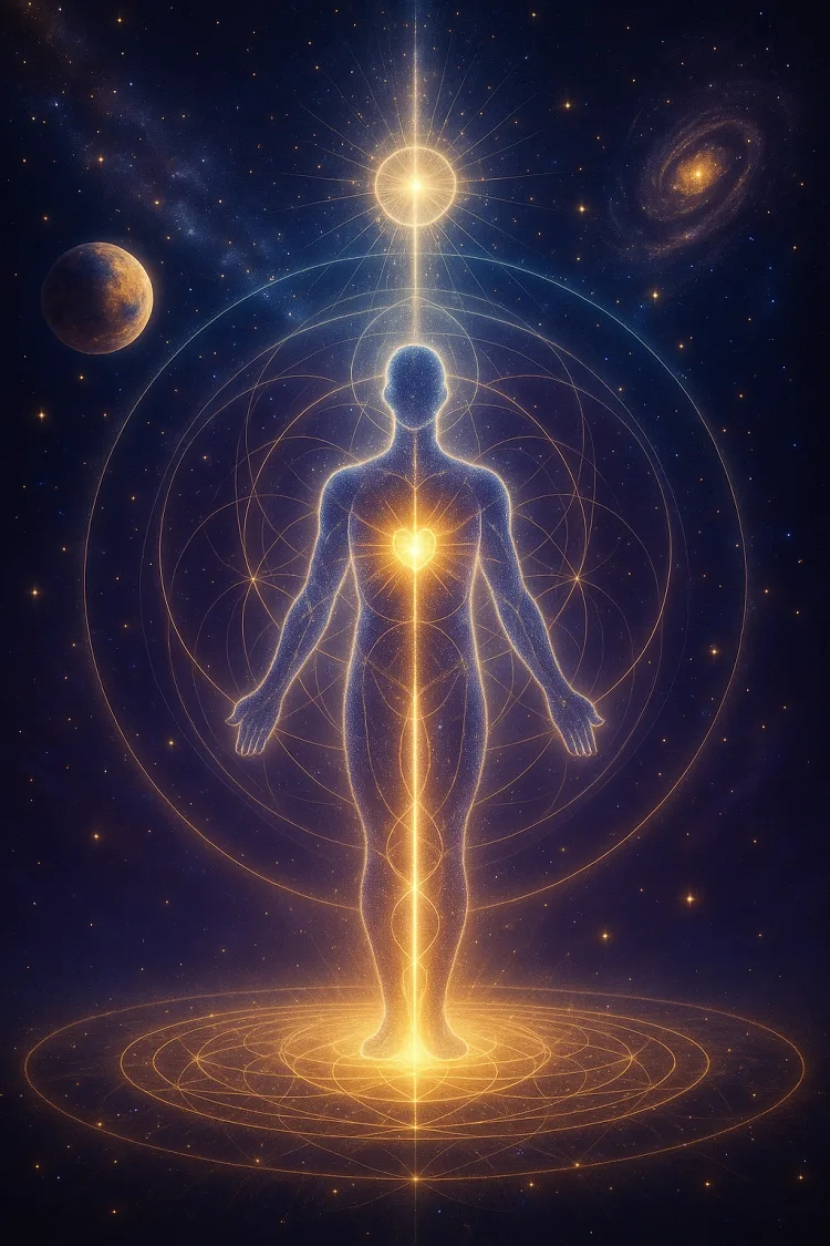 eprésentation symbolique de l’être humain au centre des plans physique et subtils, montrant l’interaction entre le corps, l’âme, les émotions, les croyances et la conscience.