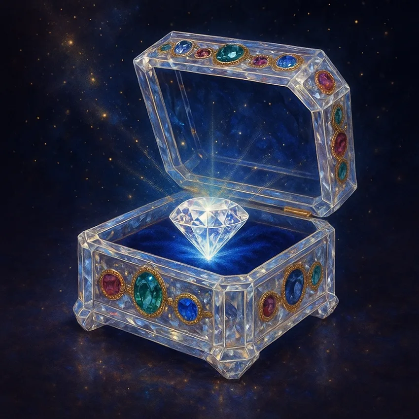 Écrin de cristal serti de pierres précieuses symbolisant le corps humain, contenant un diamant lumineux représentant l’âme sacrée incarnée dans la matière.