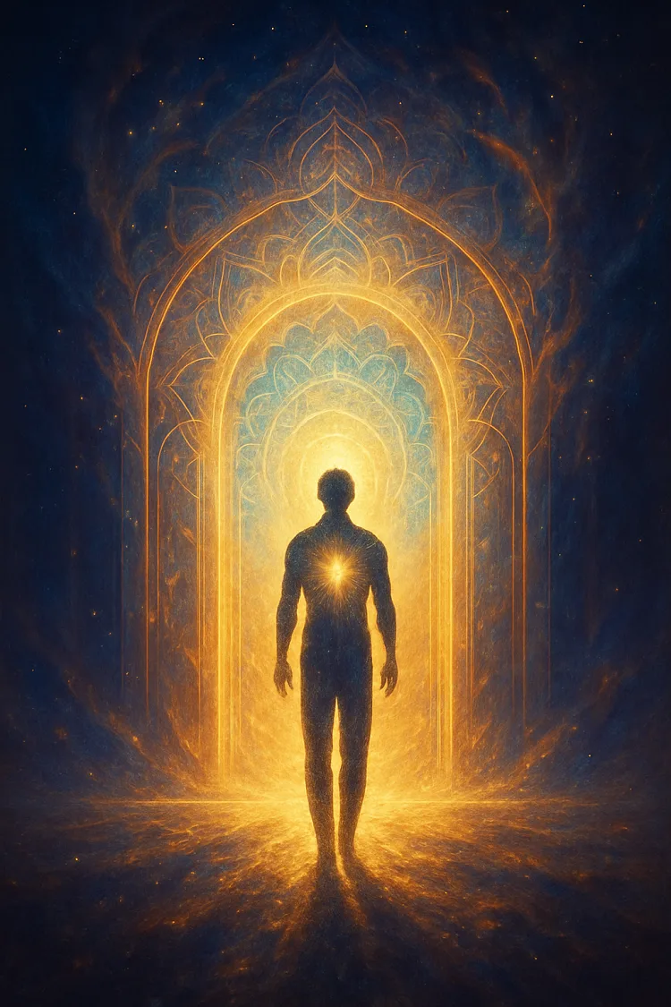 Silhouette humaine avançant vers une porte de lumière sacrée, symbole du chemin d’éveil, du retour à soi, de la conscience incarnée et du souvenir de sa nature profonde.