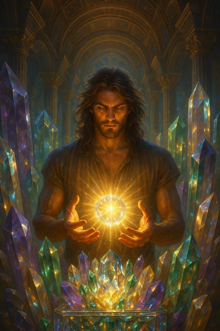 igure humaine entourée de cristaux lumineux tenant une sphère de lumière entre ses mains, symbole de la conscience divine incarnée et du pouvoir créateur de l’être humain