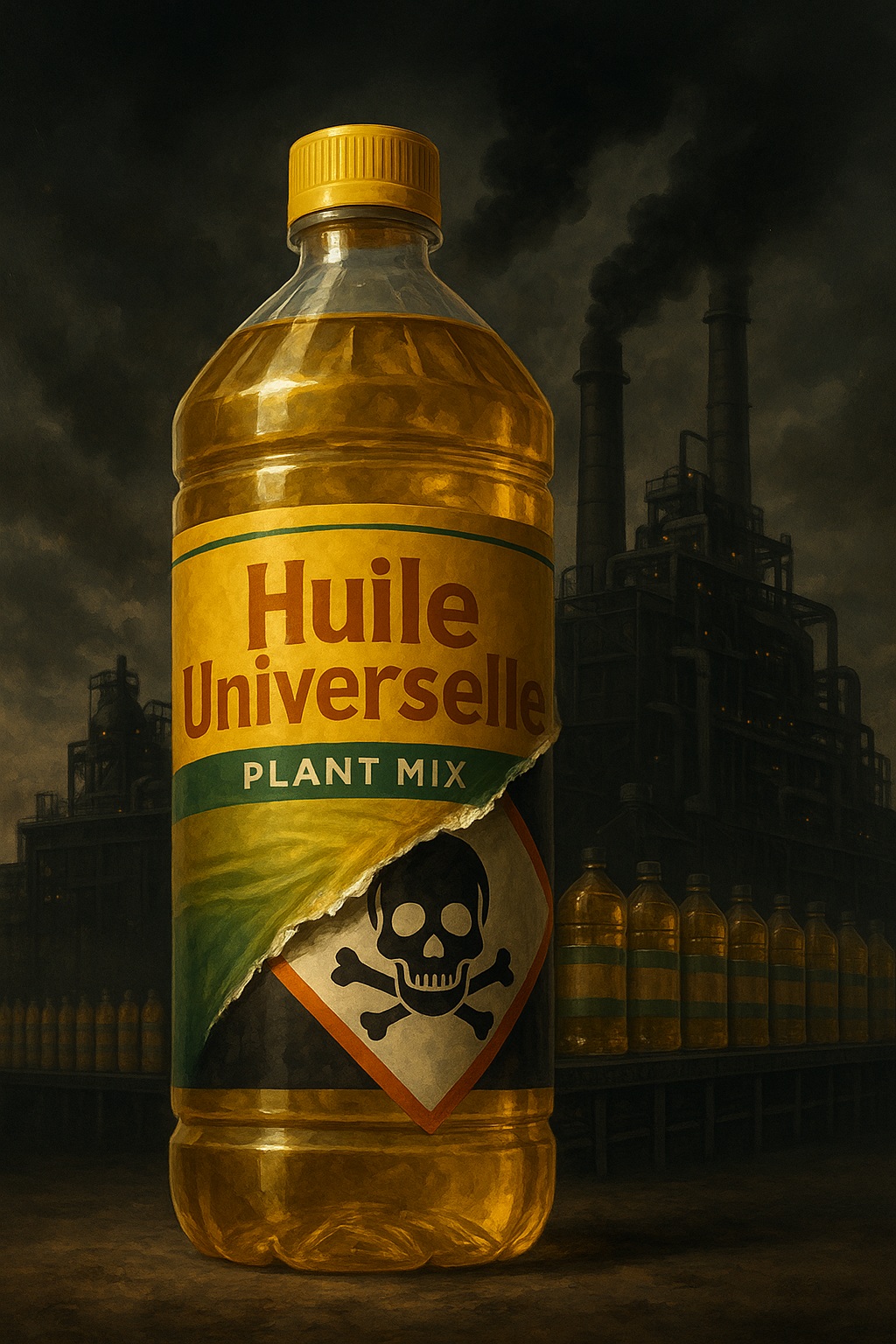 Bouteille d’huile végétale industrielle devant une usine sombre et polluante, révélant un symbole toxique dissimulé sous l’étiquette, illustration des huiles de graines présentées comme saines malgré leurs effets délétères sur la santé métabolique et inflammatoire.