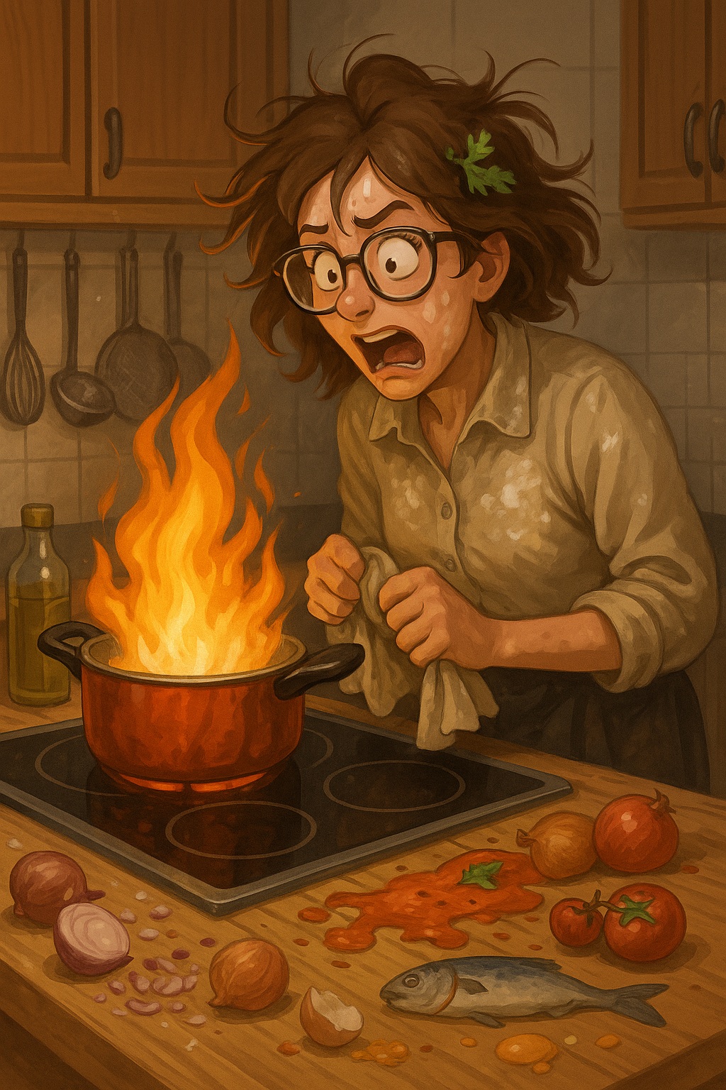 Personne paniquée devant une casserole en flammes dans une cuisine en désordre, illustration humoristique des difficultés du quotidien et de l’apprentissage d’une cuisine saine simple et accessible.