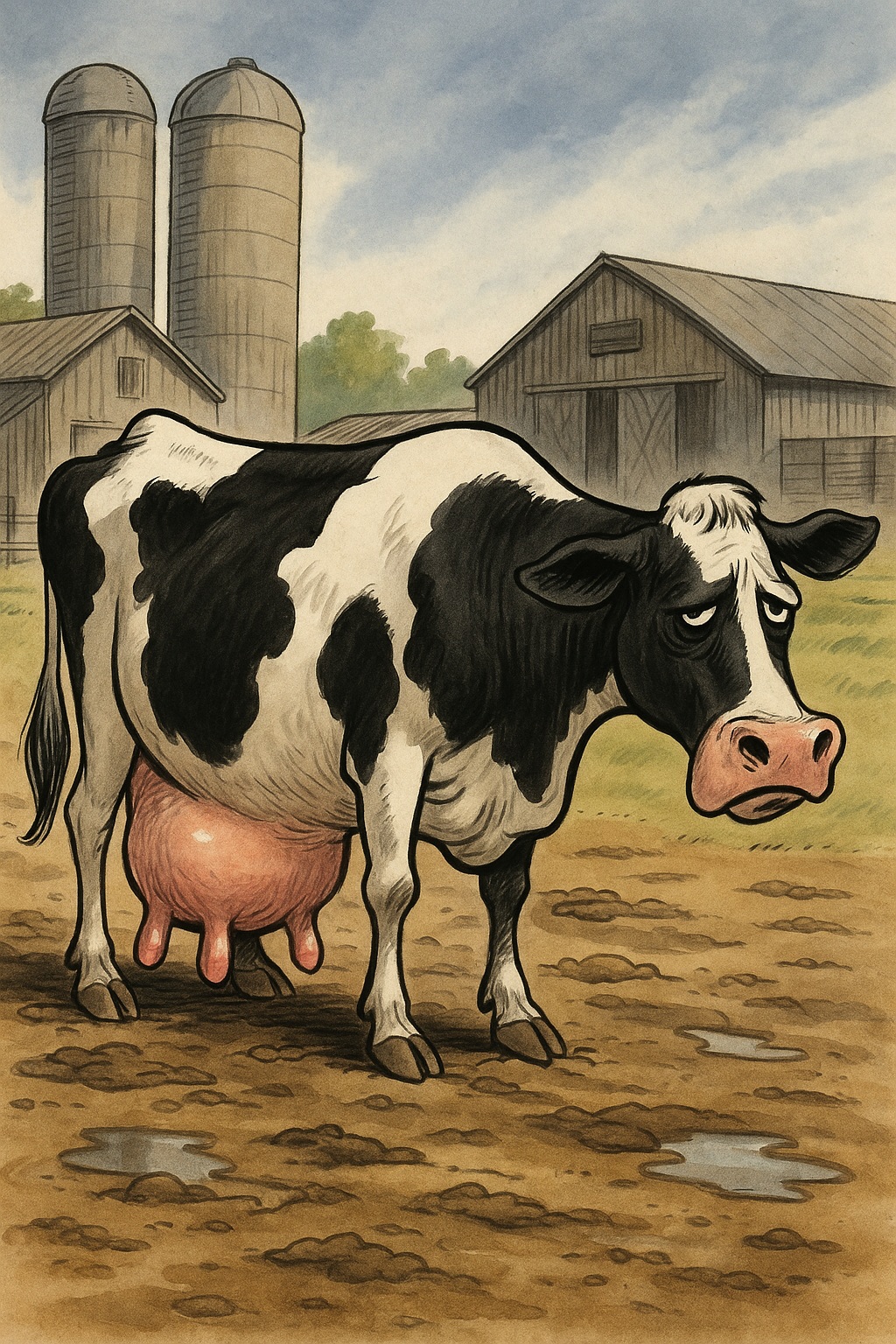 Vache laitière épuisée dans un élevage industriel, aux pis hypertrophiés et au regard triste, symbolisant la surexploitation animale et les dérives de la production laitière moderne.