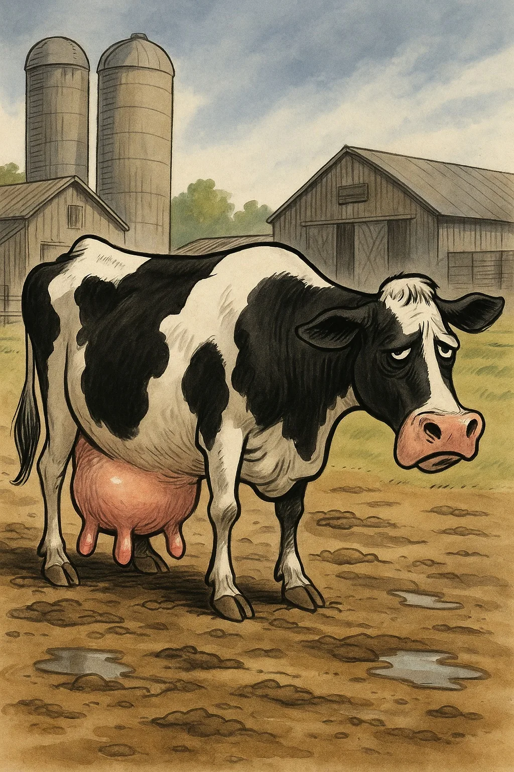 Vache laitière épuisée dans un élevage industriel, aux pis hypertrophiés et au regard triste, symbolisant la surexploitation animale et les dérives de la production laitière moderne.