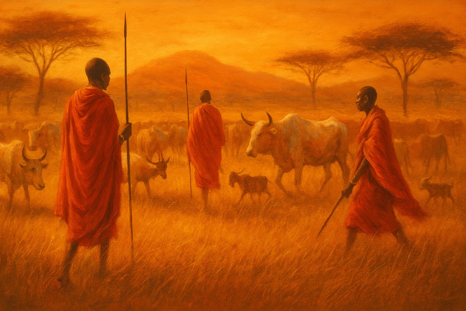 Peuples pastoraux traditionnels guidant leurs troupeaux dans la savane africaine au coucher du soleil, symbole de force ancestrale, de lien sacré avec les animaux nourriciers, de résilience biologique et d’alimentation humaine originelle.