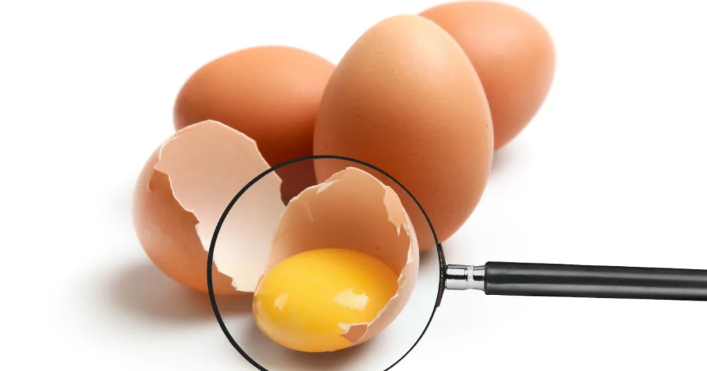 Œufs de poule avec jaune d'œuf mis en évidence à la loupe, illustrant l'importance de la qualité nutritionnelle des œufs dans une alimentation anti-inflammatoire.