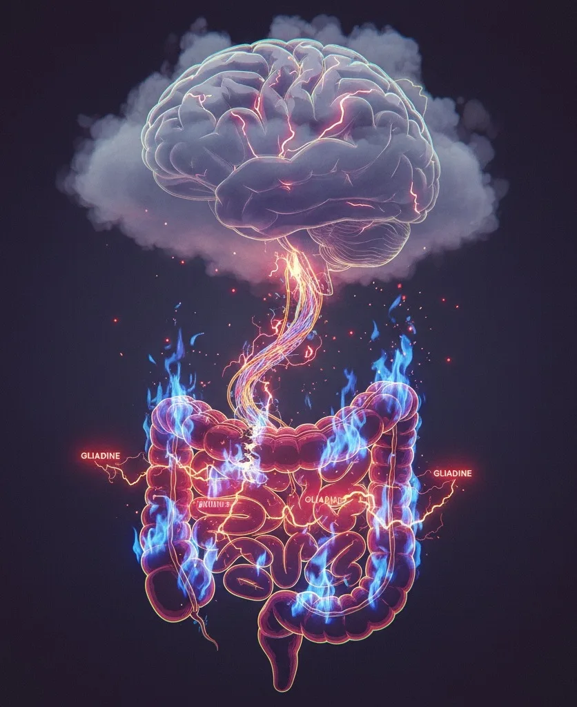 Illustration symbolique montrant un intestin enflammé relié au cerveau par un axe lumineux, représentant les liens entre gluten, inflammation intestinale, neuro-inflammation, brouillard mental et altération progressive des fonctions cognitives.
