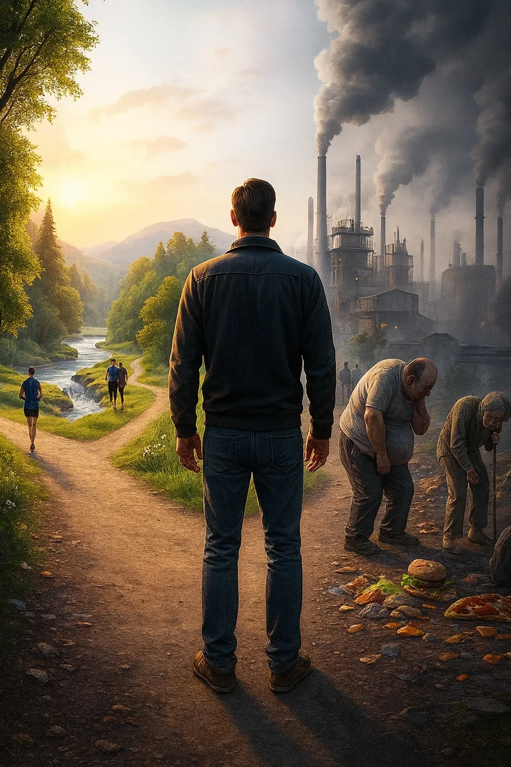 Personne debout à la croisée de deux chemins : l’un mène vers un environnement naturel symbolisant la vitalité et la santé, l’autre vers un paysage industriel marqué par la maladie et le déclin métabolique. Illustration du choix entre dépendance alimentaire et reprise de sa souveraineté biologique.