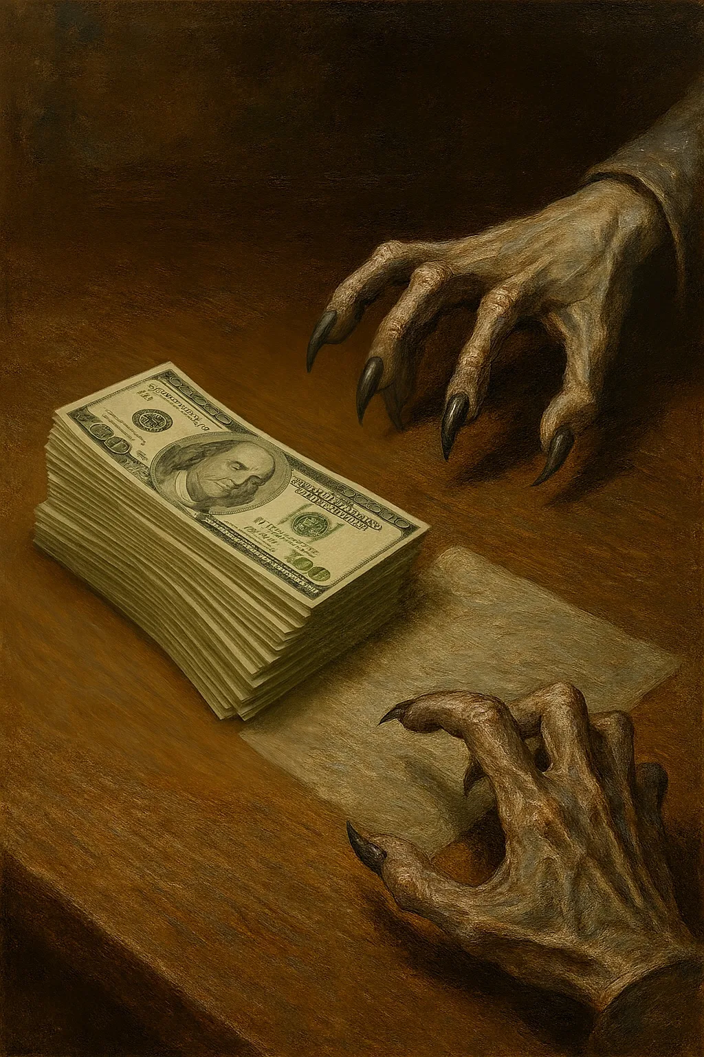 Maines griffues s’approchant d’une liasse de billets sur une table sombre, symbolisant l’influence des intérêts financiers, des conflits d’intérêts et des manipulations économiques ayant contribué à la diabolisation des graisses naturelles au profit de l’industrie agroalimentaire.