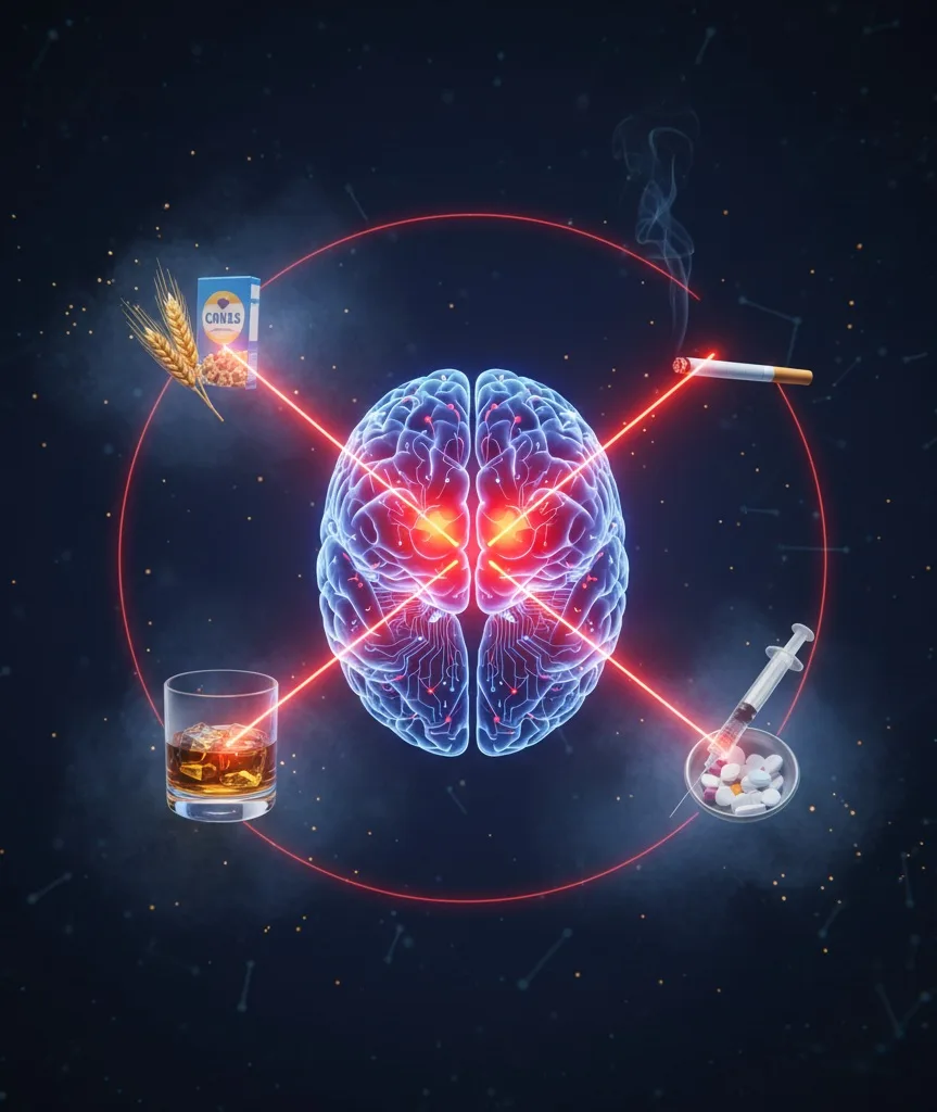 Illustration d’un cerveau relié à l’amidon, l’alcool, la cigarette et les drogues, symbolisant les mécanismes neurologiques communs de la dépendance et de la récompense dopaminergique.
