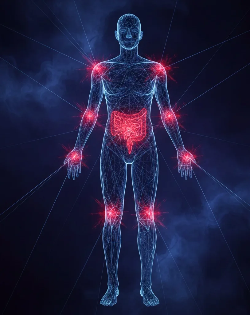 Silhouette humaine montrant une inflammation intestinale et articulaire, illustration des effets potentiels de la perméabilité intestinale et de l’activation immunitaire liées au gluten.