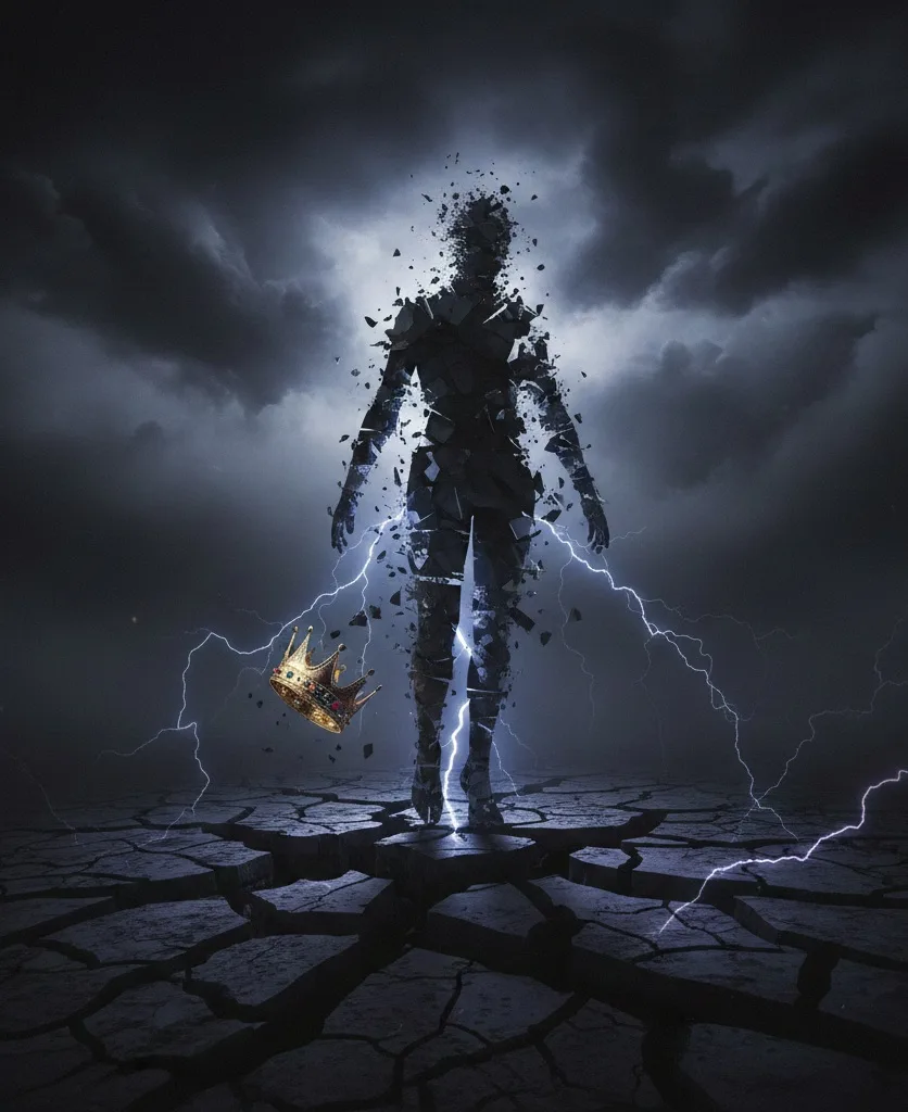 Silhouette humaine sombre se désagrégeant sous un ciel d’orage, tandis qu’une couronne tombe au sol, symbole de la perte progressive de souveraineté, de stabilité intérieure et de clarté mentale provoquée par les dérèglements biologiques chroniques.
