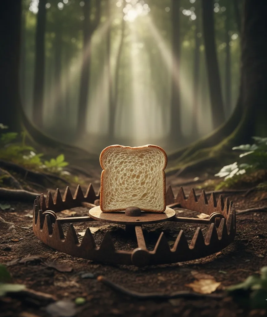 Tranche de pain placée au centre d’un piège métallique dans une forêt, symbolisant le gluten caché dans l’alimentation moderne, les mécanismes de dépendance et les pièges invisibles de la consommation quotidienne.