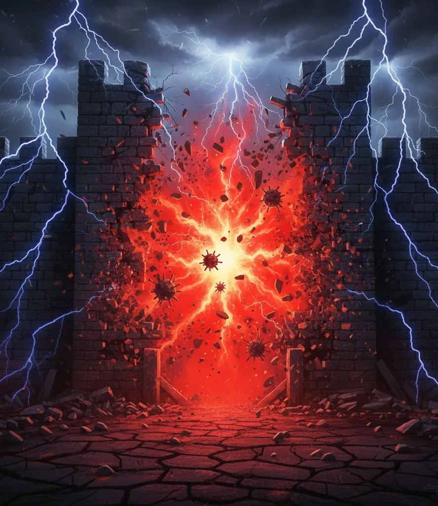 Mur de forteresse brisé par une explosion lumineuse, symbole de la rupture de la barrière intestinale, de l’inflammation chronique et de l’entrée d’éléments indésirables dans l’organisme.