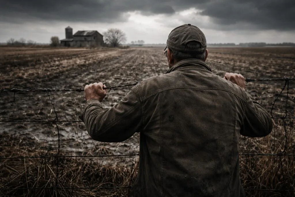 Agriculteur derrière une clôture face à des terres agricoles sous un ciel menaçant, illustrant la confiscation progressive de la souveraineté alimentaire.