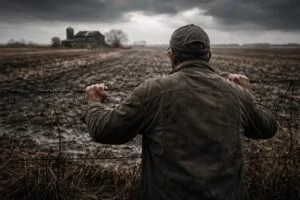 Agriculteur derrière une clôture face à des terres agricoles sous un ciel menaçant, illustrant la confiscation progressive de la souveraineté alimentaire.