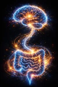 Représentation symbolique de l’axe intestin-cerveau, illustrant les liens entre le microbiote intestinal, la santé mentale, les émotions et le fonctionnement cognitif.