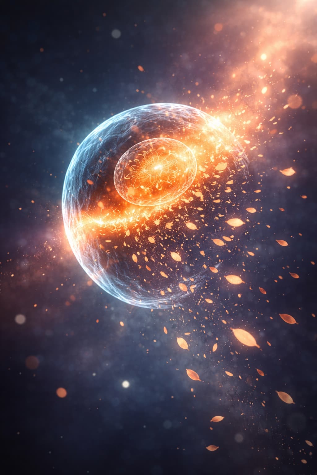 Structure cellulaire lumineuse évoquant une mitochondrie libérant une énergie intense au cœur d’un univers organique, symbolisant le rôle central des mitochondries dans l’énergie cellulaire, le renouvellement des cellules et le processus d’apoptose.