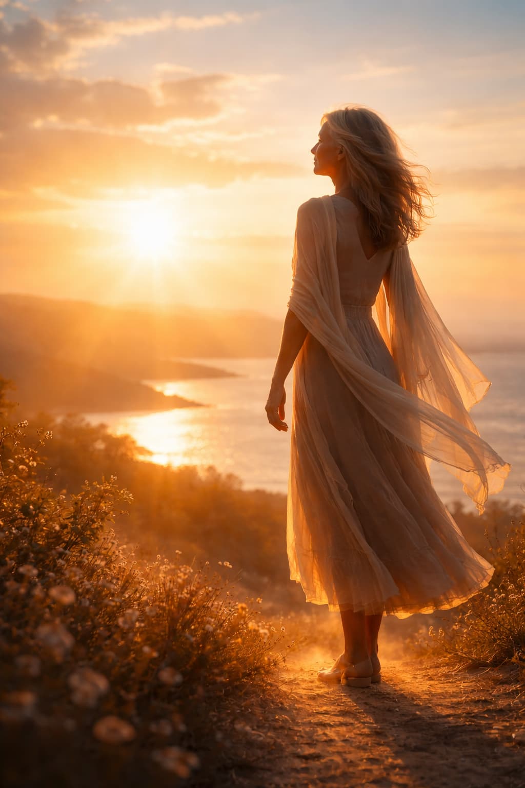 Femme debout face au lever du soleil dans une lumière dorée, symbole de la ménopause comme transition biologique profonde, du lien entre hormones féminines, énergie mitochondriale, vieillissement et renouveau intérieur.