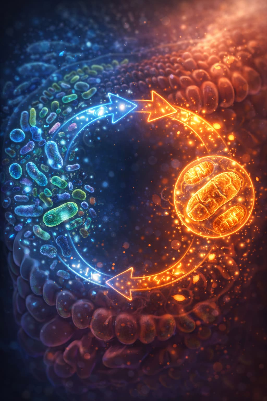 Illustration artistique du dialogue entre le microbiote intestinal et les mitochondries, montrant un échange circulaire d’énergie et de signaux cellulaires, symbole de l’interconnexion entre santé intestinale, énergie cellulaire, inflammation et vieillissement.