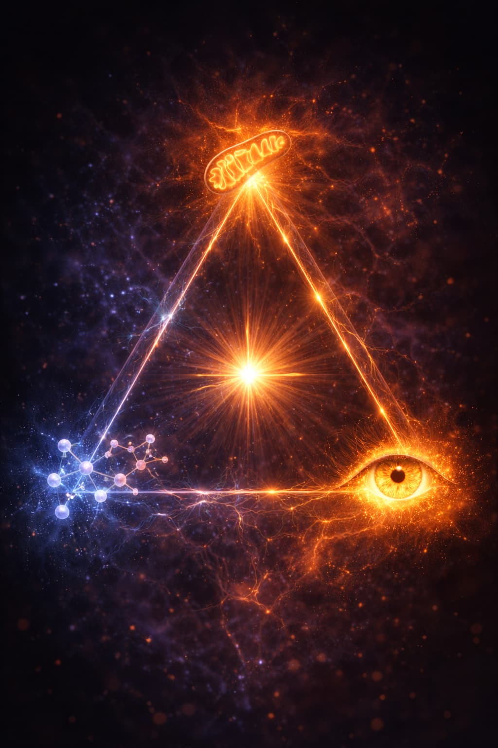 Triangle lumineux reliant une mitochondrie, un œil et un réseau cellulaire, symbolisant le lien entre énergie mitochondriale, hormones, conscience, clarté mentale et équilibre profond du vivant.