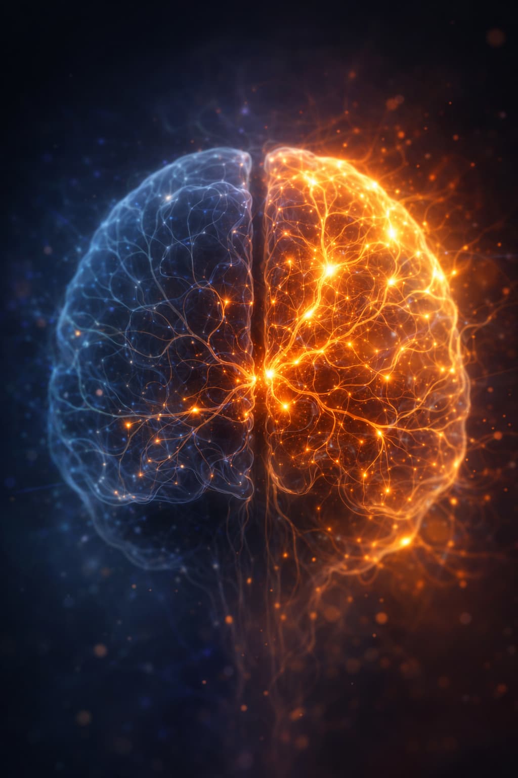 Cerveau lumineux divisé entre ombre et lumière, symbolisant le lien entre énergie mitochondriale, stress chronique, neurotransmetteurs, dépression et équilibre émotionnel du cerveau humain.
