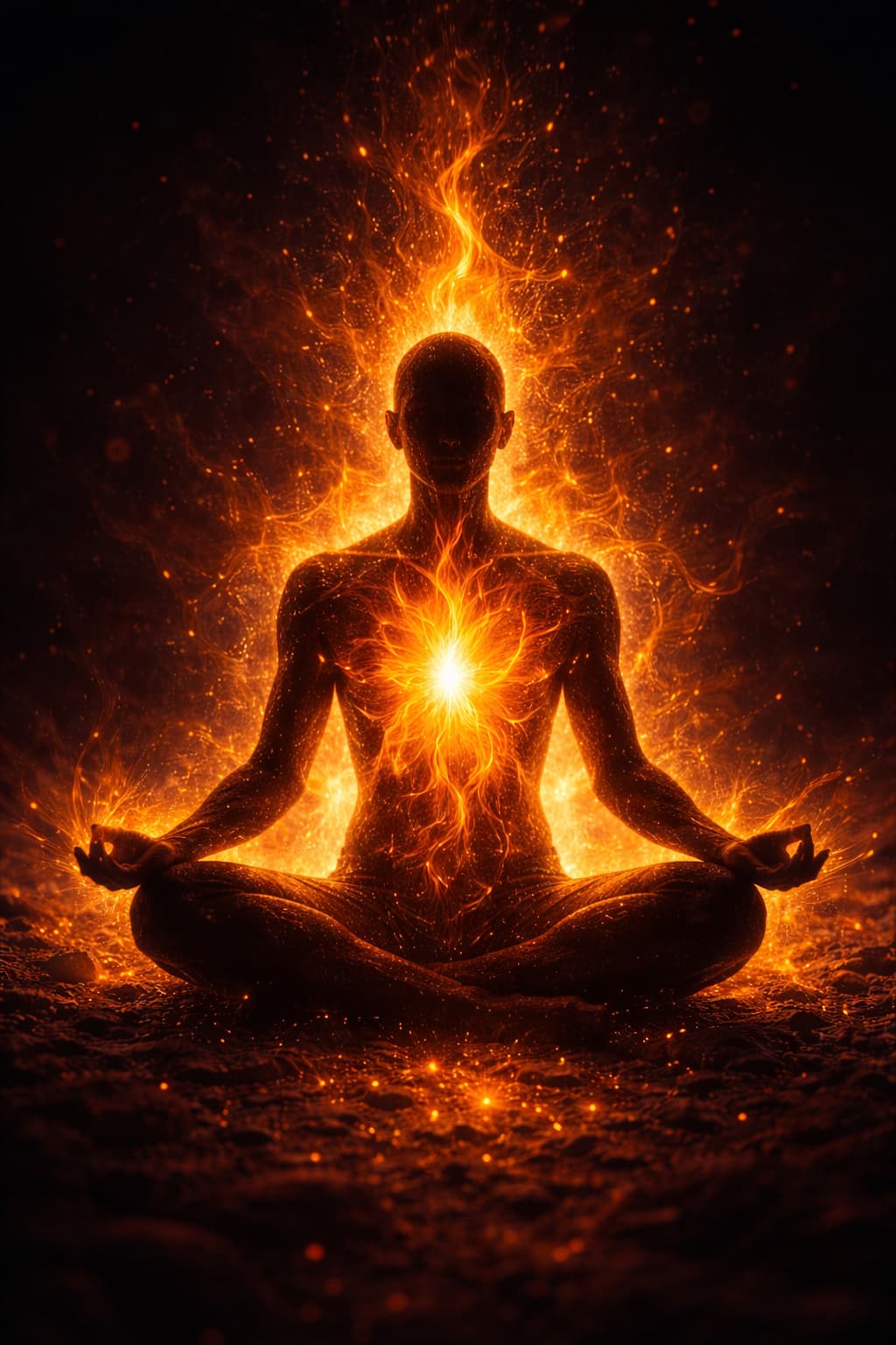 Silhouette humaine en méditation entourée d’un feu lumineux intérieur, symbolisant la régénération mitochondriale, l’énergie vitale, la conscience et le réveil du potentiel biologique profond.