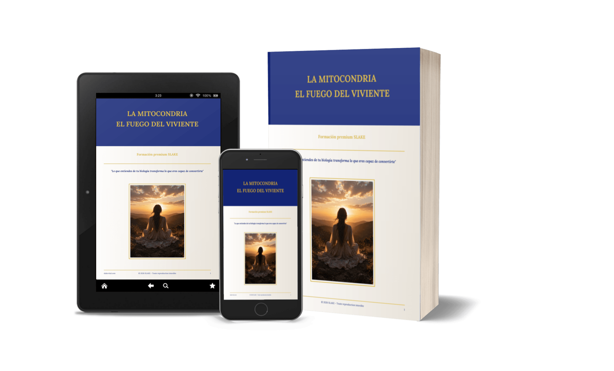 Darstellung des SLAKE-Premiumkurses „Das Mitochondrium – Das Feuer des Lebens“ auf Buch, Tablet und Smartphone.