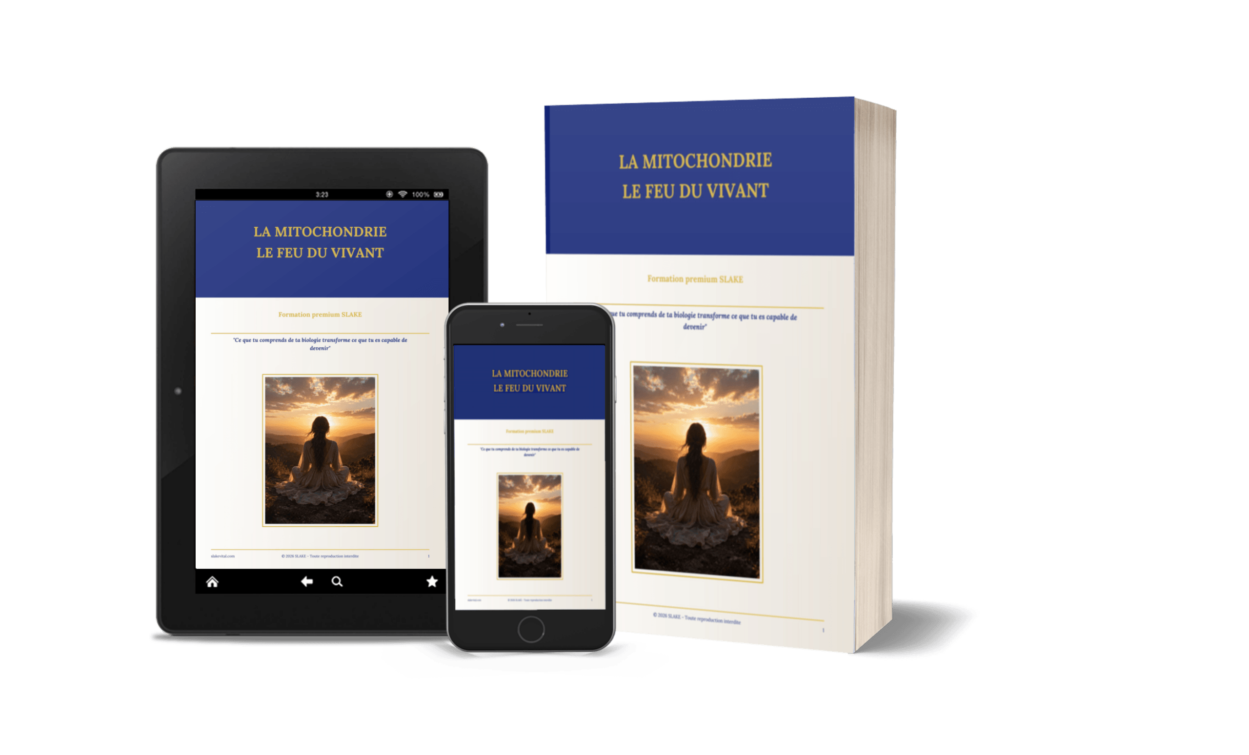 Présentation de la formation premium SLAKE « La Mitochondrie, le Feu du Vivant » affichée sur livre, tablette et smartphone.
