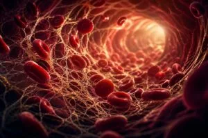 Dépôts de fibrine dans la circulation sanguine, illustrant l’hypercoagulation, la diminution de la fluidité du sang et leurs conséquences sur l’énergie, l’oxygénation et la vitalité.
