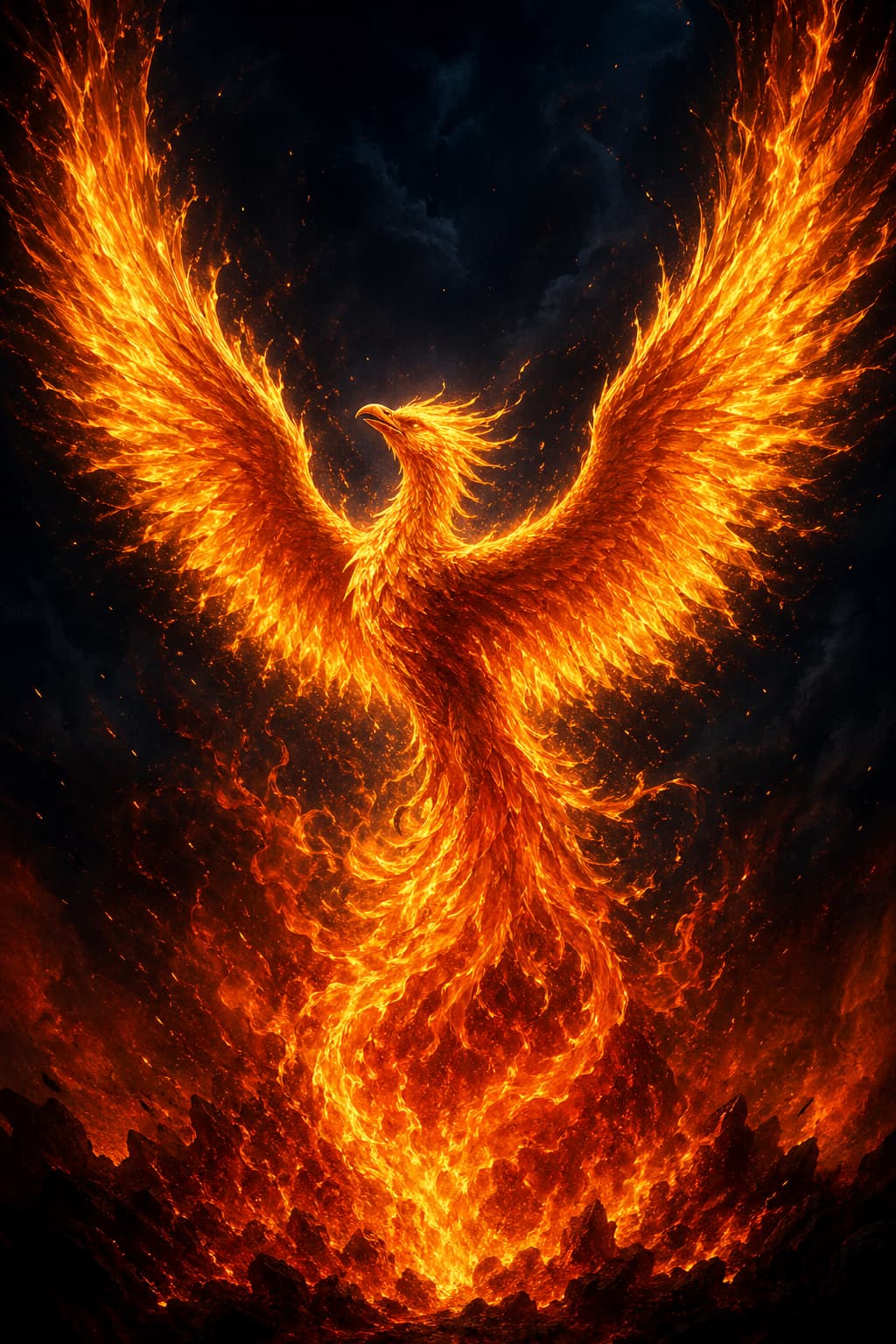Un phénix majestueux déployant ses ailes de feu, émergeant des cendres pour symboliser la renaissance et la force retrouvée.