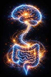 Representación simbólica del eje intestino-cerebro, que ilustra las conexiones entre el microbioma intestinal, la salud mental, las emociones y el funcionamiento cognitivo.