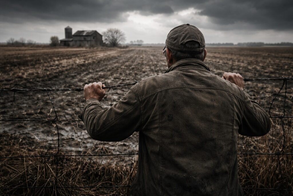 Farmer behind a fence facing agricultural land under a threatening sky, illustrating the gradual confiscation of food sovereignty.