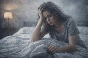 Exhausted woman sitting on her bed, illustrating chronic fatigue, physical and mental exhaustion, and the gradual loss of daily energy.