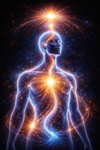 Representación simbólica de los vínculos entre alimentación, sistema nervioso, energía celular y despertar de la conciencia, que ilustra la influencia de la biología sobre la claridad mental y la percepción.