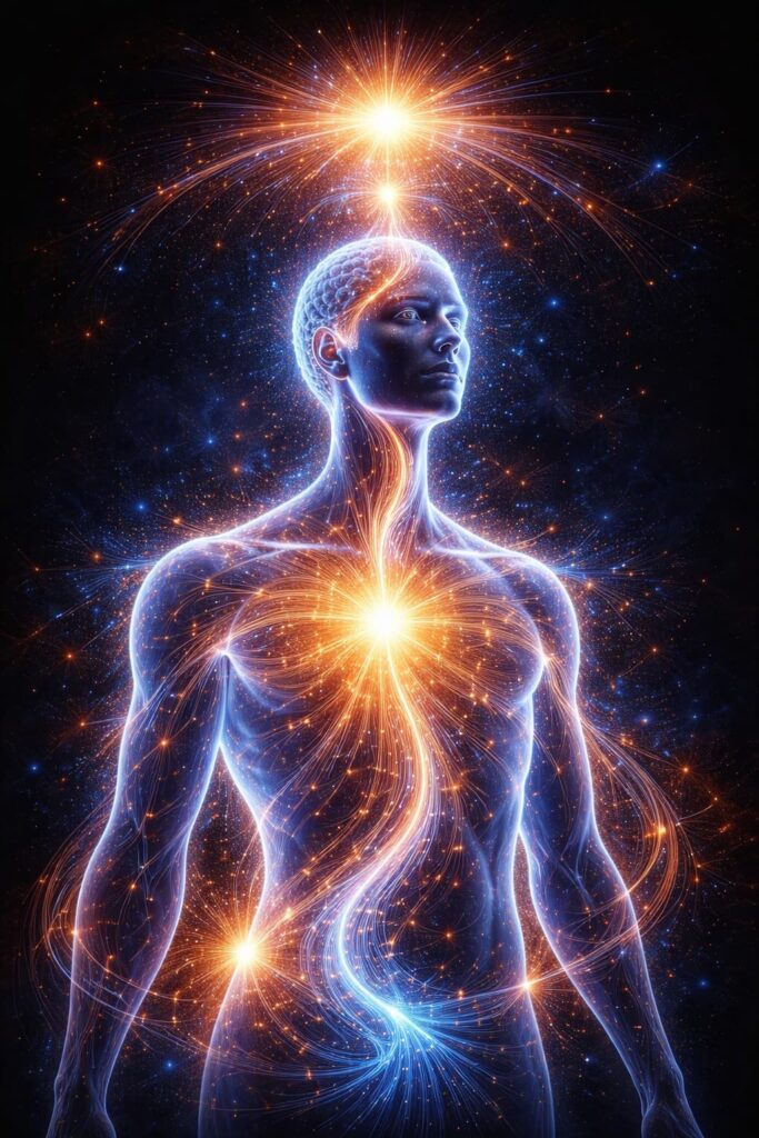Symbolic representation of the links between diet, the nervous system, cellular energy, and the awakening of consciousness, illustrating the influence of biology on mental clarity and perception.