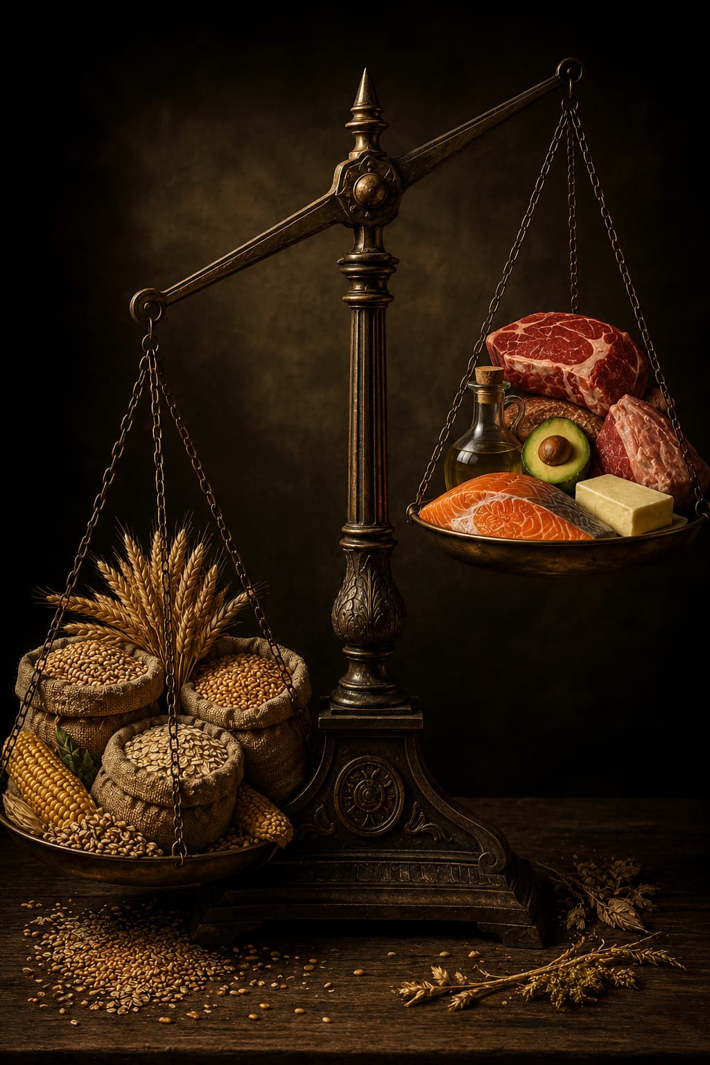 Balance ancienne opposant des céréales lourdes à des aliments riches en graisses naturelles et protéines, illustration symbolique de l’impact métabolique des glucides face à l’alimentation cétogène.