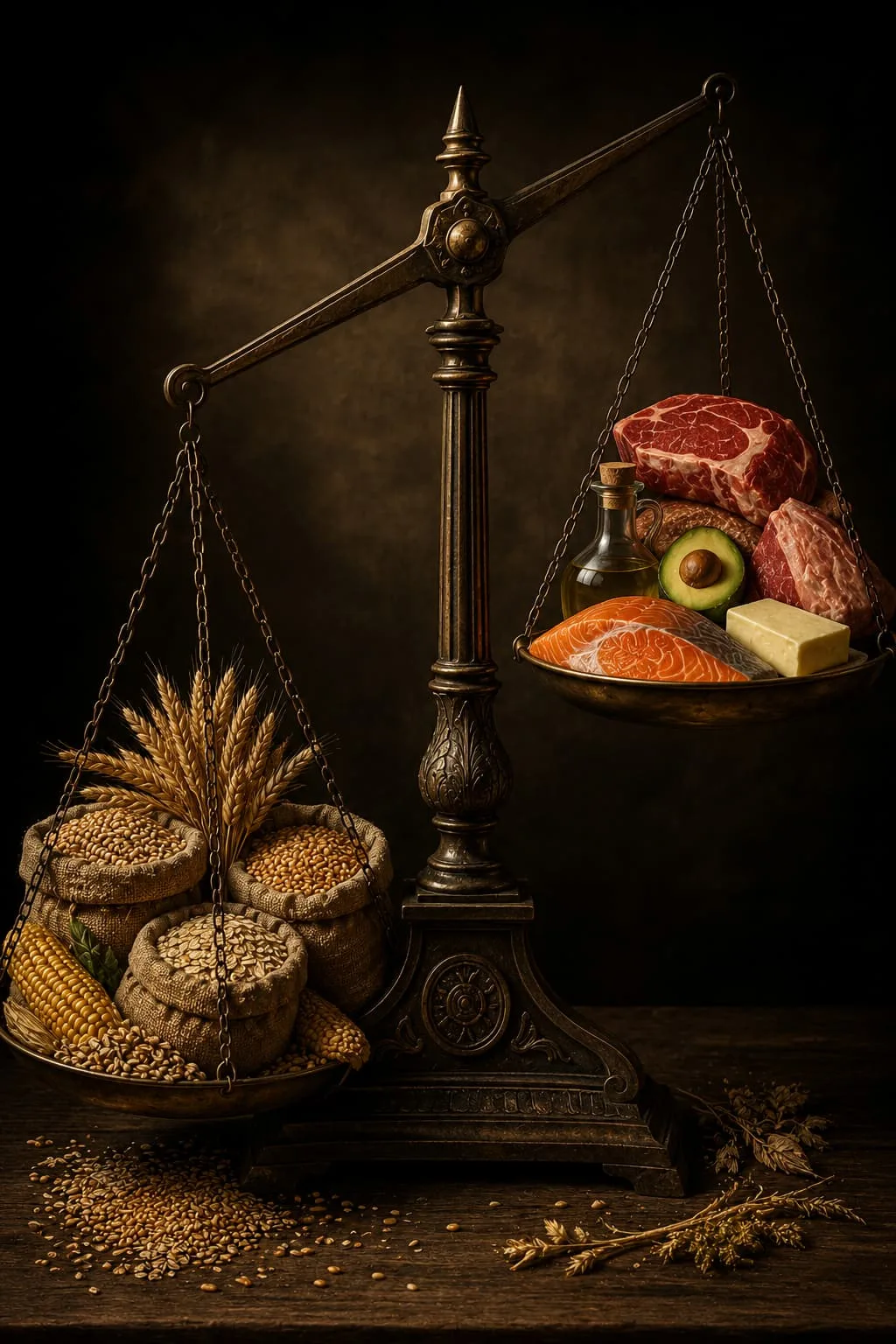 Balance ancienne opposant des céréales lourdes à des aliments riches en graisses naturelles et protéines, illustration symbolique de l’impact métabolique des glucides face à l’alimentation cétogène.