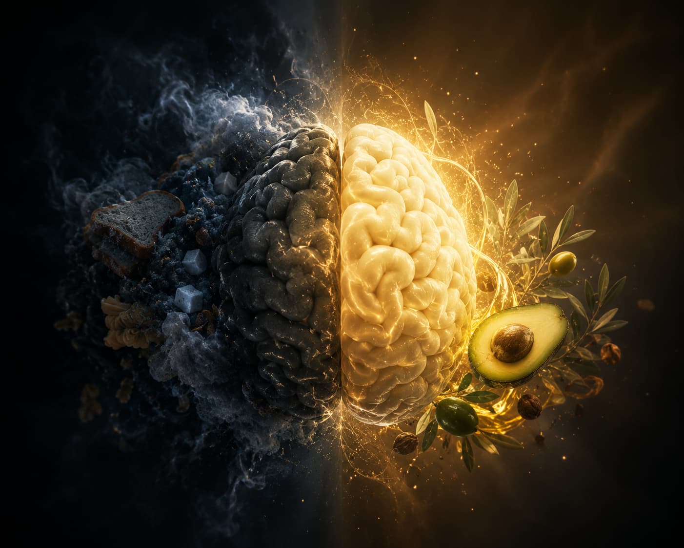Cerveau partagé entre un côté sombre associé aux aliments riches en glucides et un côté lumineux entouré de bonnes graisses, symbole des effets du régime cétogène sur l’énergie et la clarté mentale.