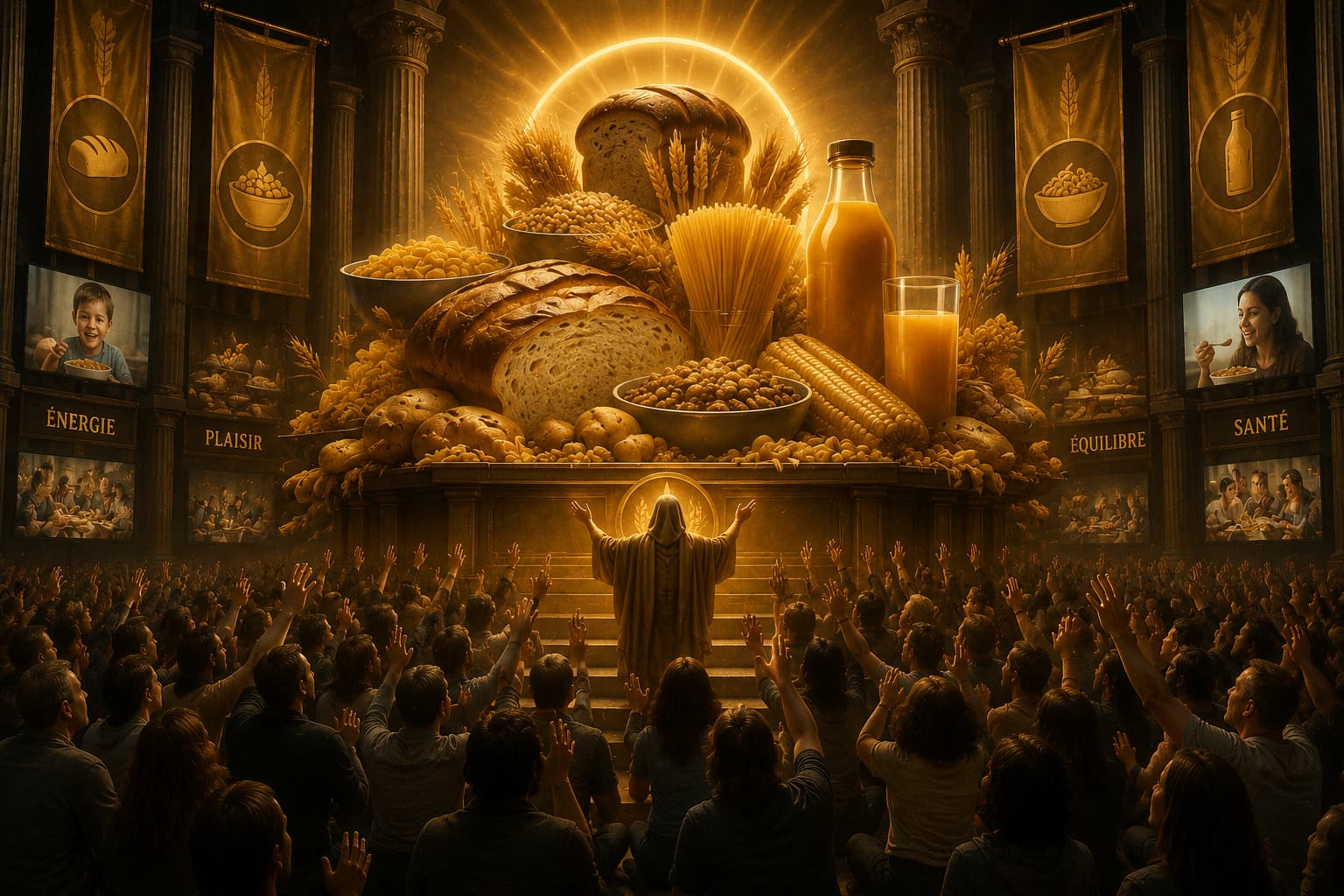 Immense scène symbolique montrant une foule vénérant céréales, pain, pâtes et aliments riches en glucides comme des objets sacrés, illustrant la glorification moderne des glucides et leur place centrale dans les croyances alimentaires contemporaines.