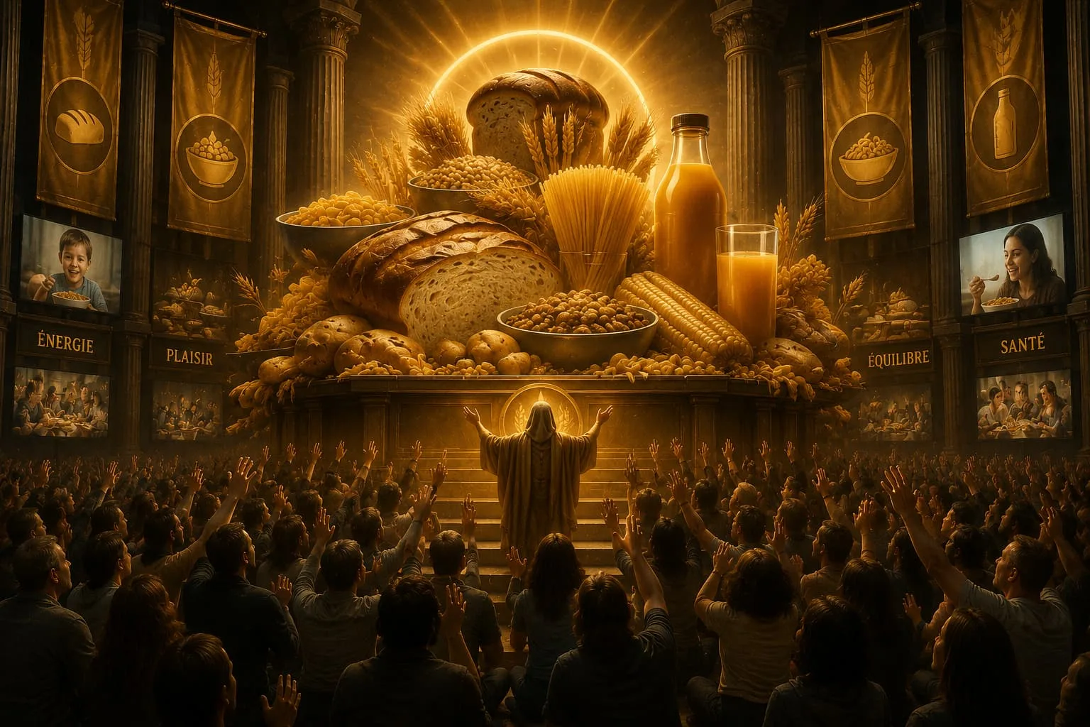 Immense scène symbolique montrant une foule vénérant céréales, pain, pâtes et aliments riches en glucides comme des objets sacrés, illustrant la glorification moderne des glucides et leur place centrale dans les croyances alimentaires contemporaines.