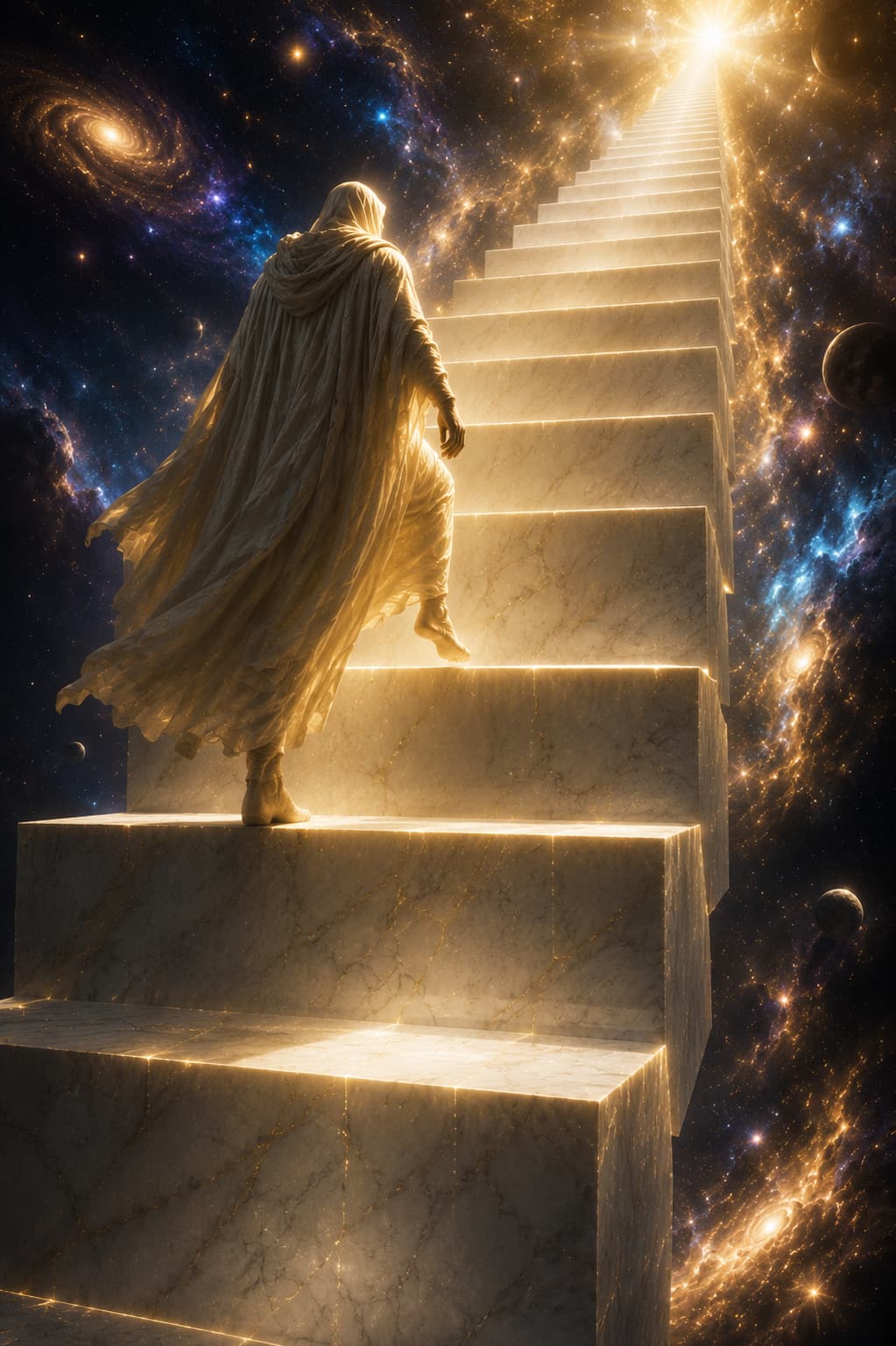 Silhouette majestueuse gravissant un immense escalier cosmique suspendu dans l’univers, avec un pied levé entre deux marches monumentales, symbolisant le passage vers une nouvelle fréquence de conscience et l’élévation vibratoire universelle.