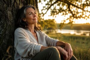 Une belle femme dans la cinquantaine assise contre un arbre. Elle est sereine et bien dans sa peau. Elle symbolise la femme épanouie dans sa ménopause
