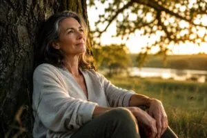 Une belle femme dans la cinquantaine assise contre un arbre. Elle est sereine et bien dans sa peau. Elle symbolise la femme épanouie dans sa ménopause