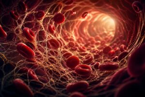 Fibrin deposits in the bloodstream, illustrating hypercoagulation, reduced blood fluidity, and their impact on energy, oxygenation, and vitality.