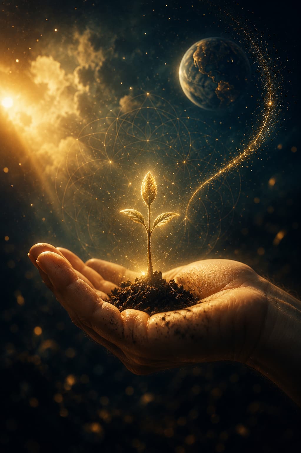 Graine lumineuse poussant dans une main humaine, entourée d’un univers cosmique et d’une lumière dorée, symbolisant la croissance, la création et la souveraineté intérieure.