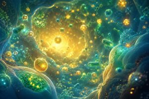 Microbiote intestinal bioluminescent représenté sous forme d’un écosystème vivant et lumineux, composé de micro-organismes flottants aux teintes dorées et vertes dans un environnement organique bleu-vert profond, symbolisant l’équilibre, la diversité microbienne et la vitalité intérieure