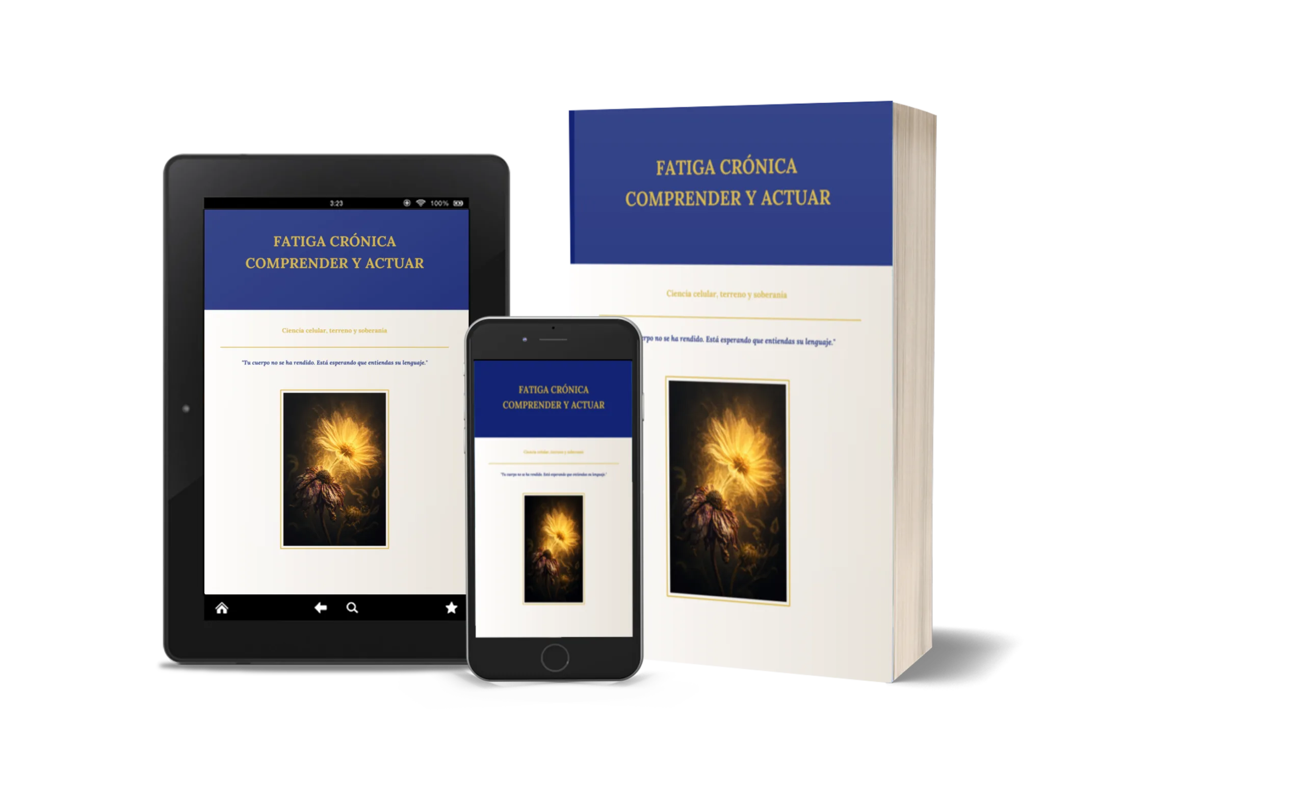 Presentación del libro de formación Fatiga Crónica Comprender y Actuar en formato PDF en tableta, smartphone y versión impresa.