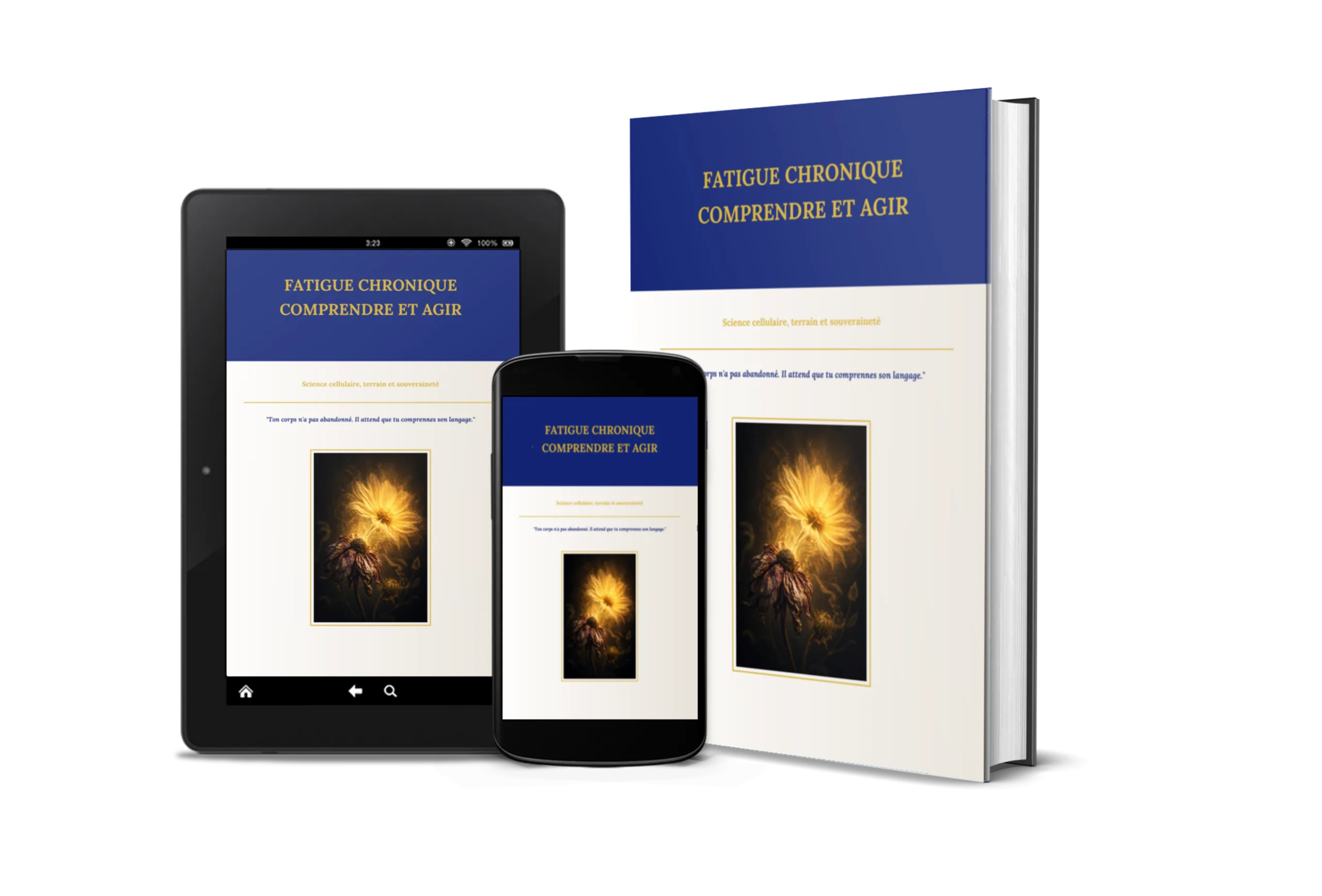 Présentation du livre de formation Fatigue Chronique Comprendre et Agir au format PDF sur tablette, smartphone et en version imprimée.